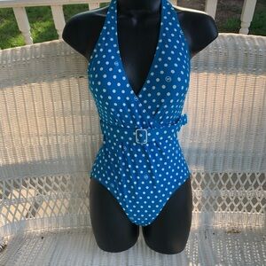 Michael Kors swimsuit one piece haler 6 designer NWOT blue polka dot logo